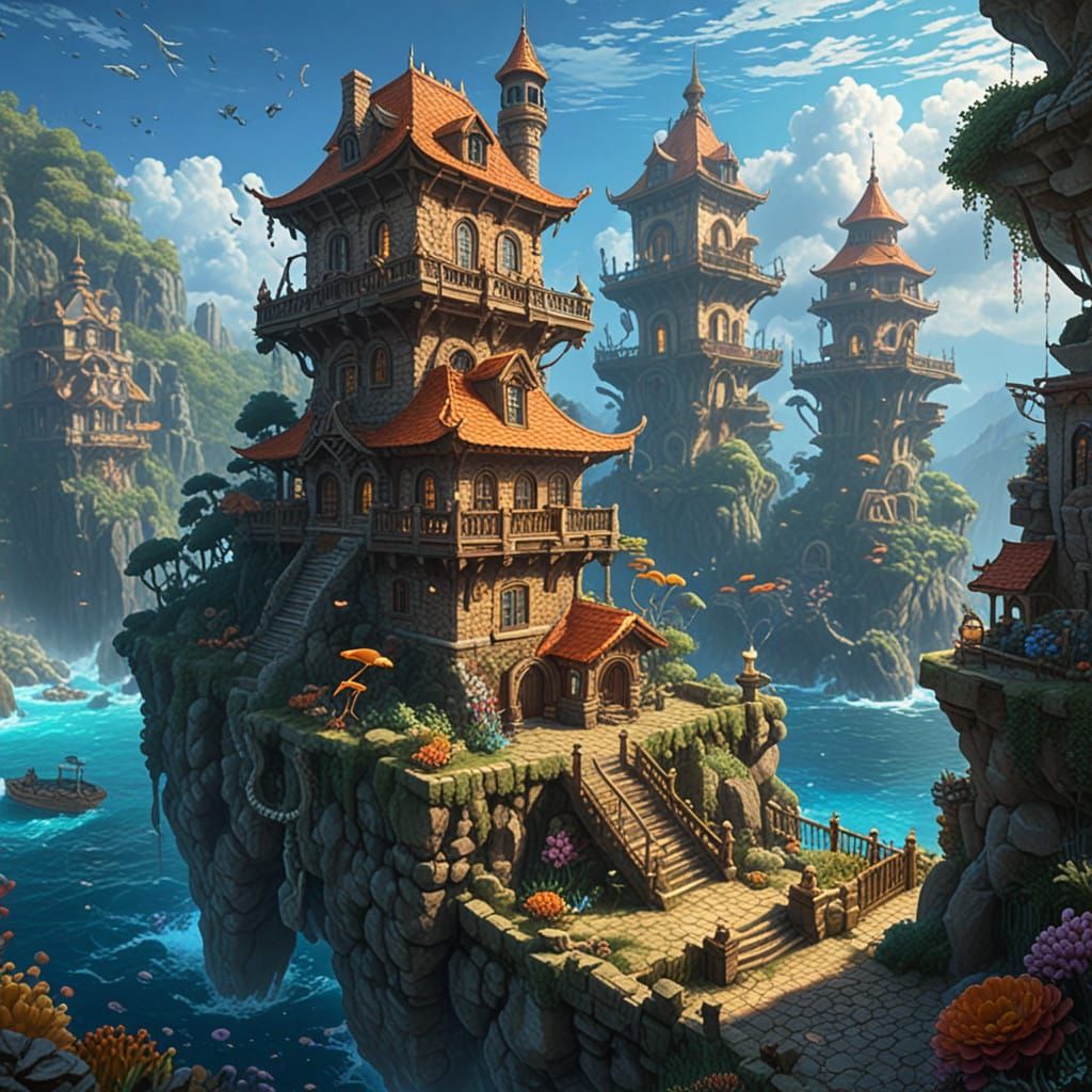 Underwater City of Mermaids and Sea Creatures in Dreamlike S...