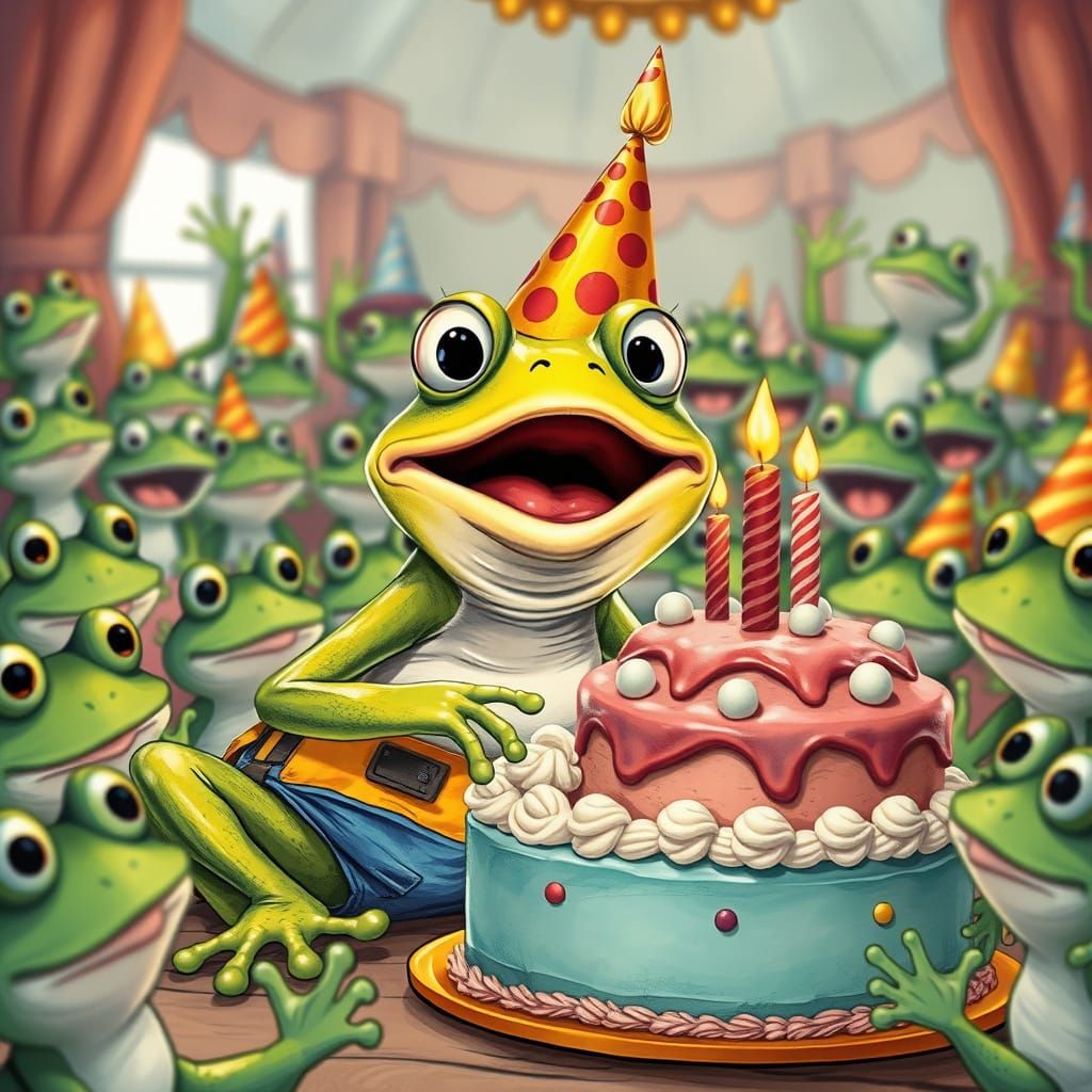 Delighted Frog's Birthday Celebration in Whimsical Style
