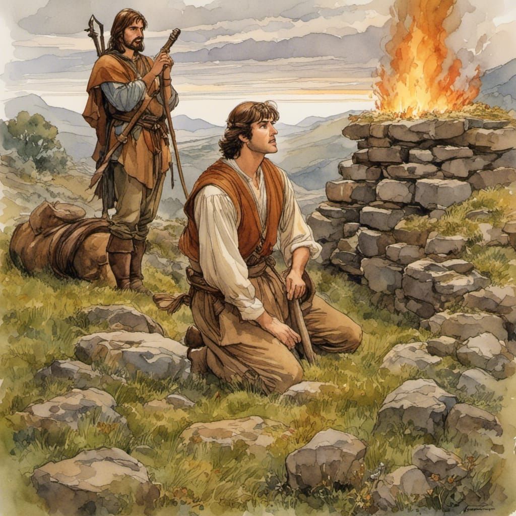 Biblical Scene of Sacrifice at a Stone Altar