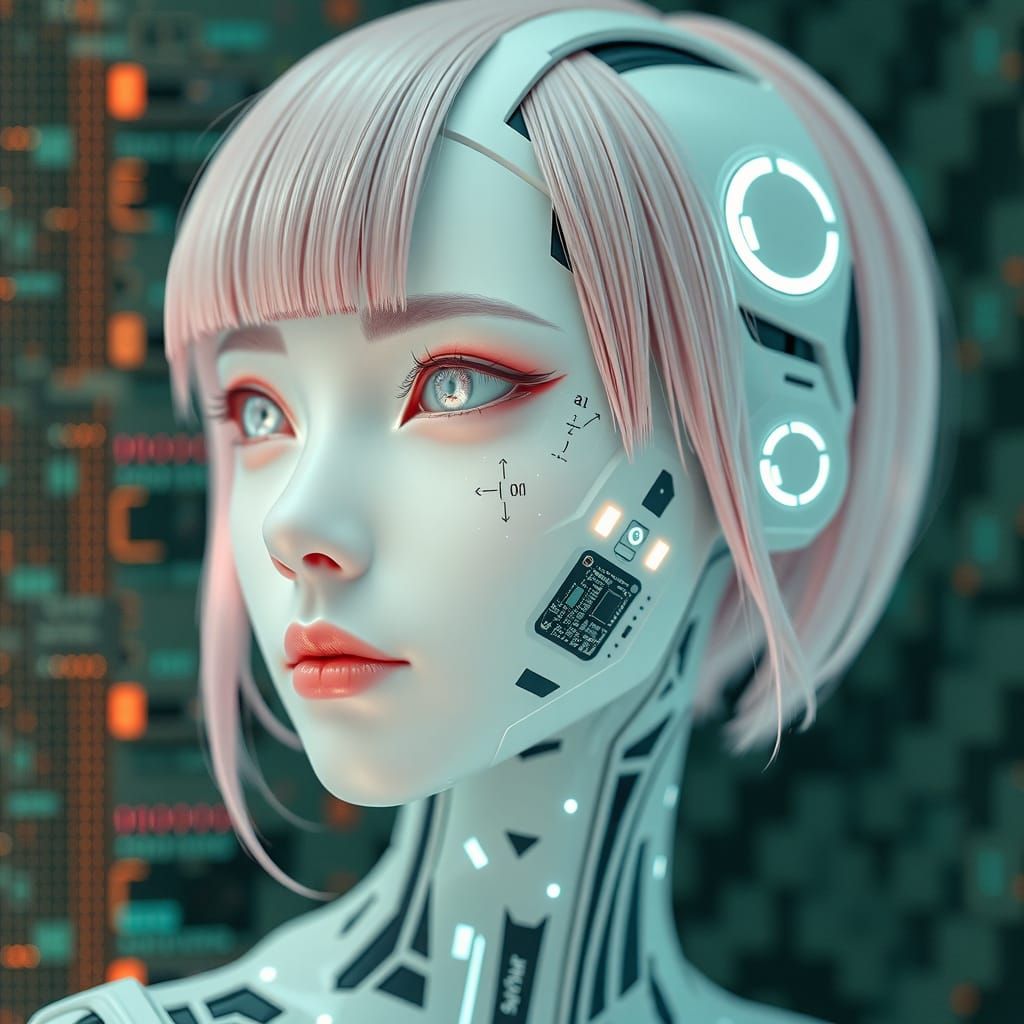 Android Siren in Glitch Art with Circuit Details
