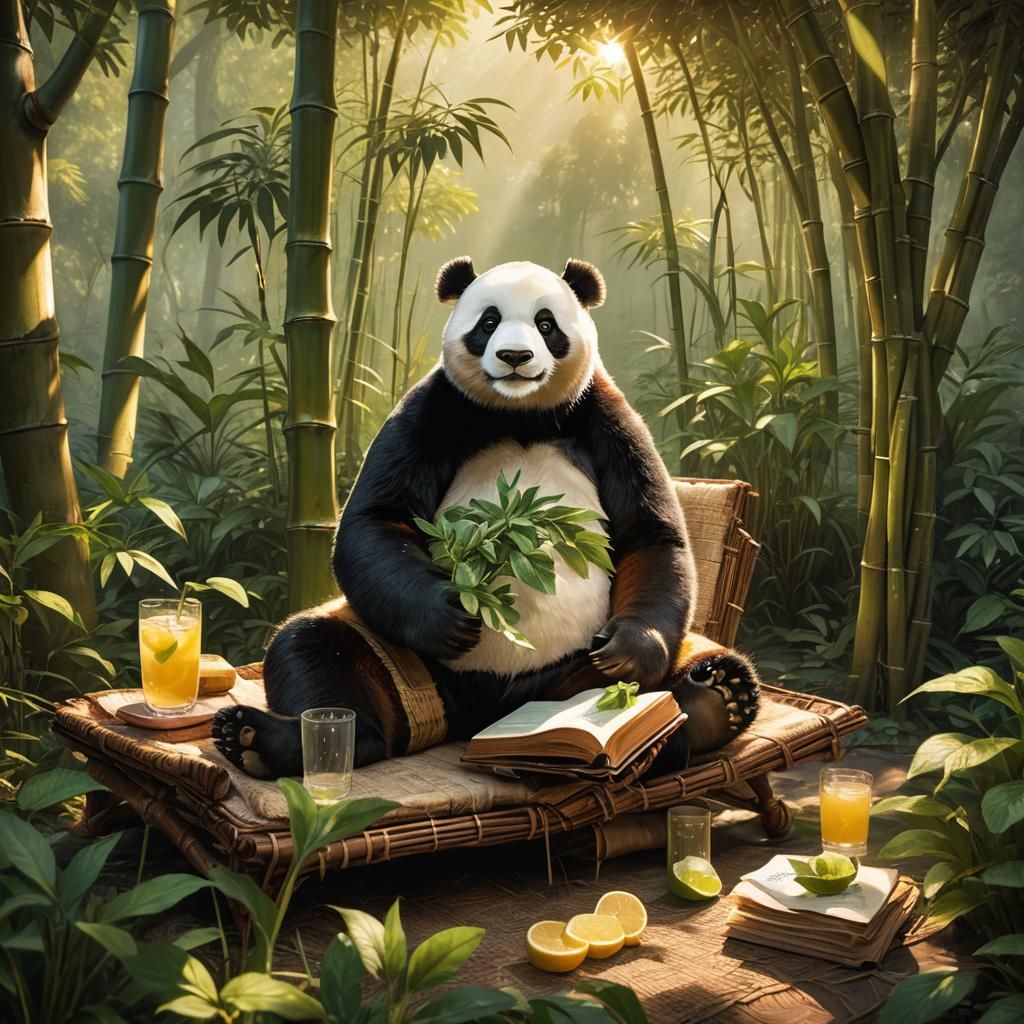 Panda Bear Reading in Bamboo Forest