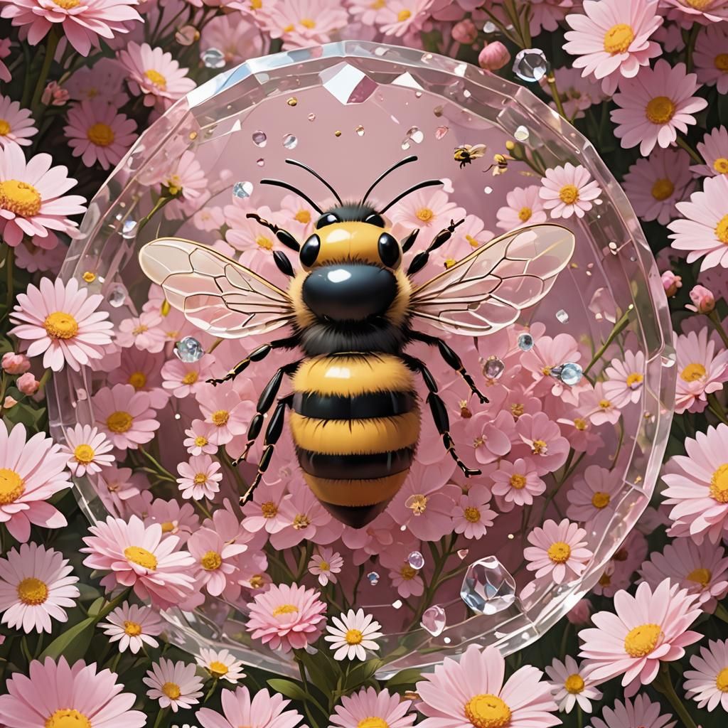 Cute Crystal Bee on Pink Flower, Anime Style