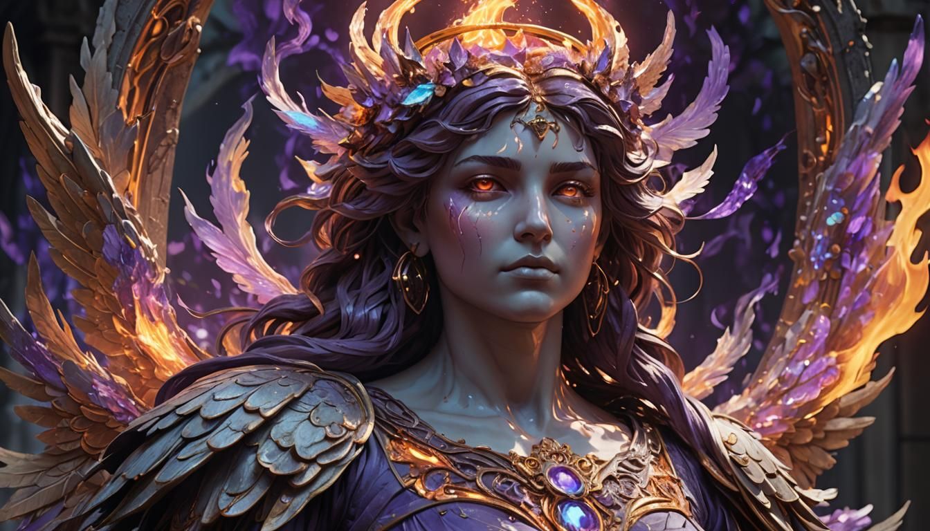 Fiery Angel Statue with Purple Neon Aura