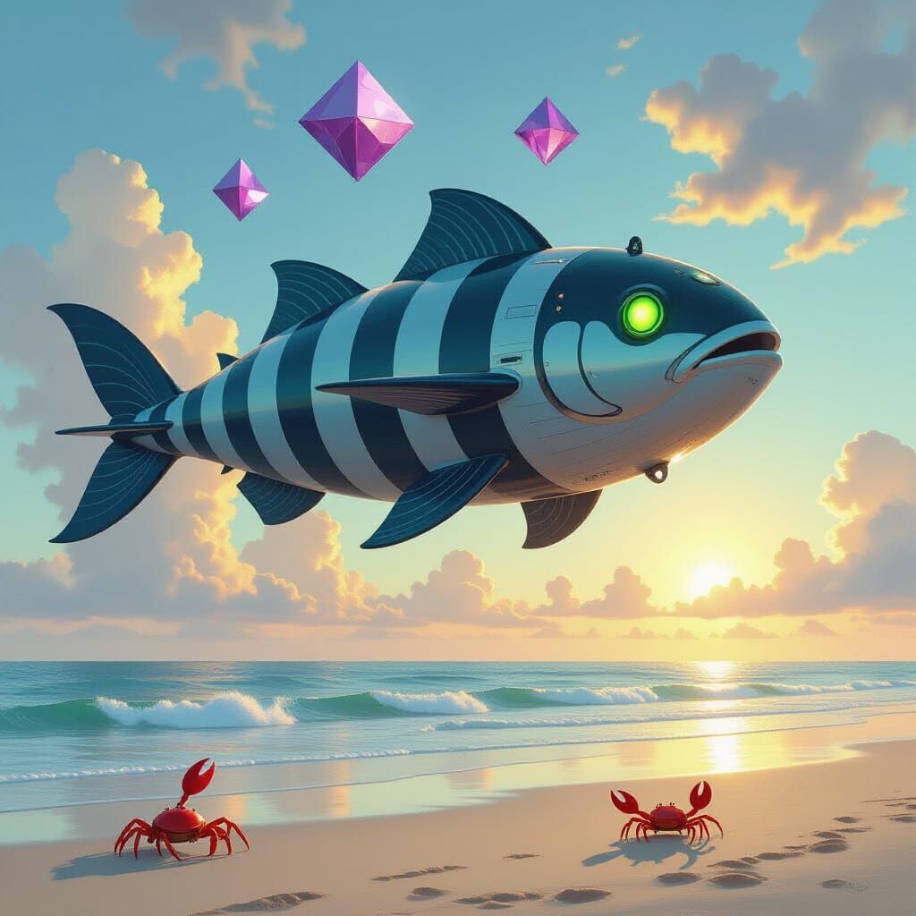 Fish Airship Soaring Above Sandy Seashore