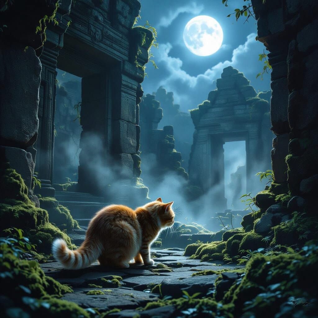 Curious Cat Explores Ancient Temple Under Moonlight