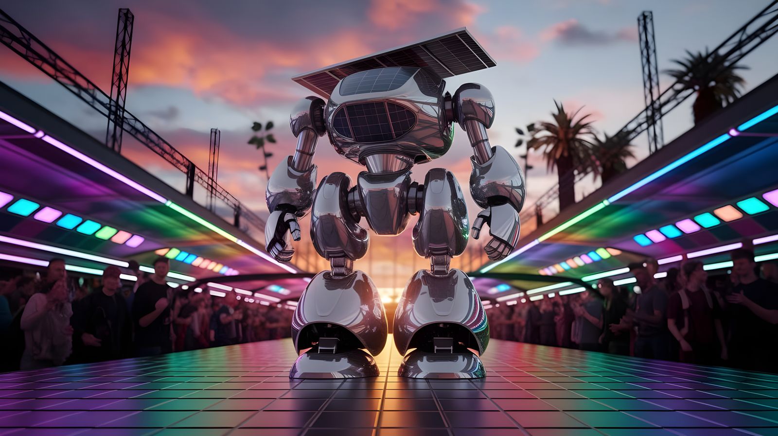 Sleek Solarpunk Mech at Vibrant Festival in Golden Light