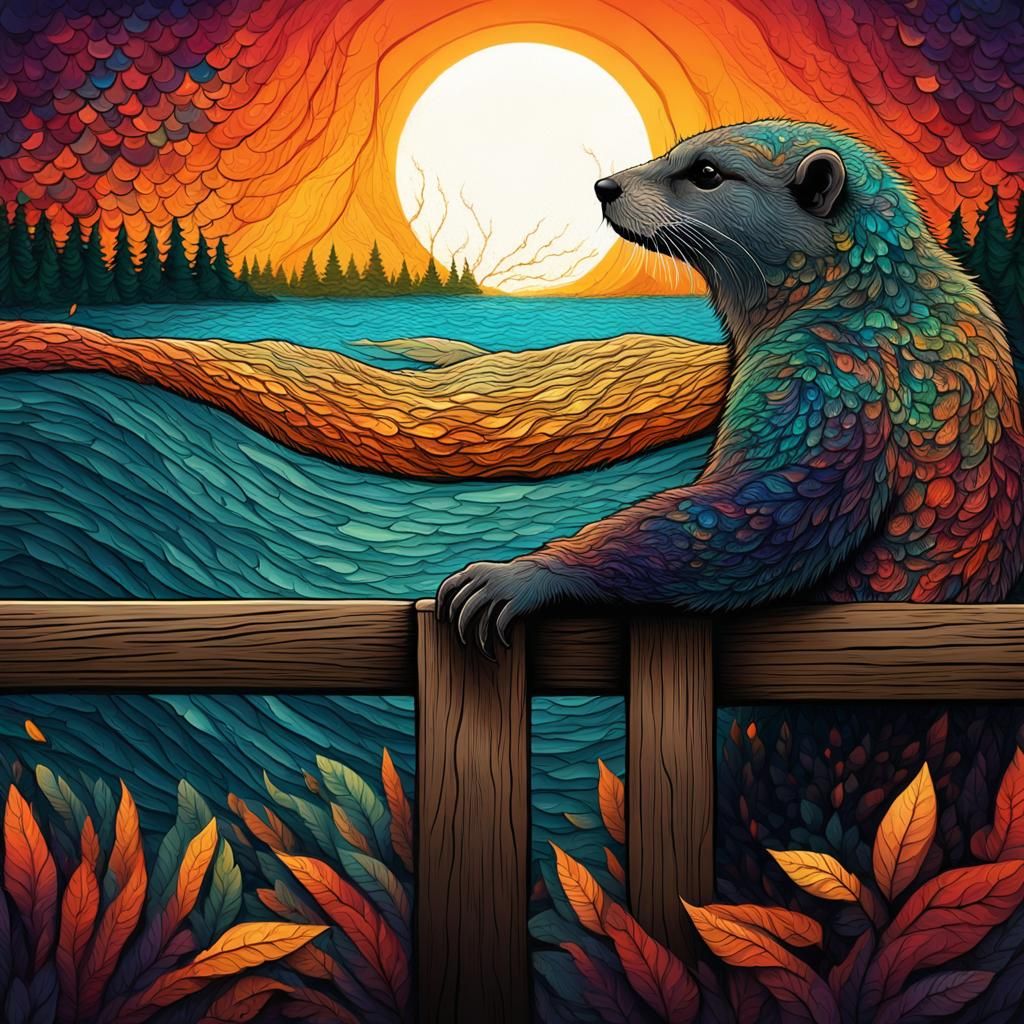 Otter Observes Baseball Game: Flat Vector Illustration