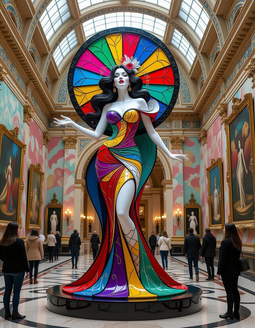 Intricate Stained Glass Sculpture of Woman in Museum