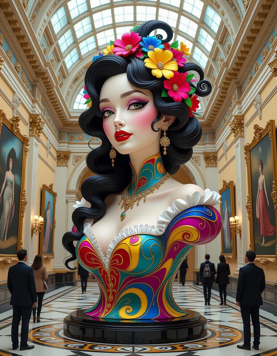 Intricate Stained Glass Sculpture of Woman in Museum