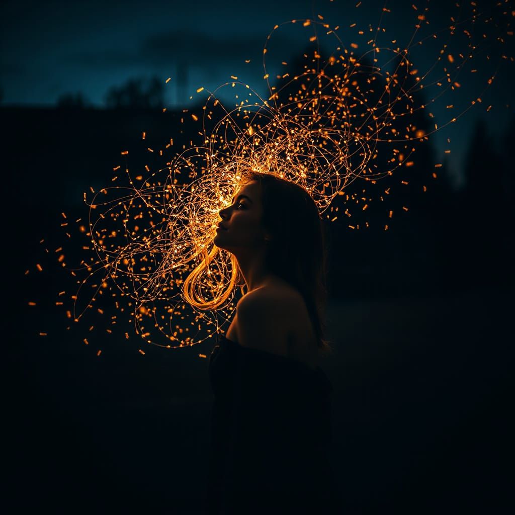 Surreal Fireflies Form Beautiful Woman in Dark Scene