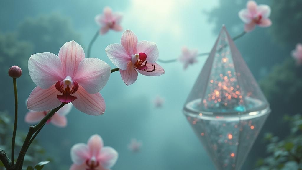 Floating Crystalline Orchids in Ethereal Dreamscape