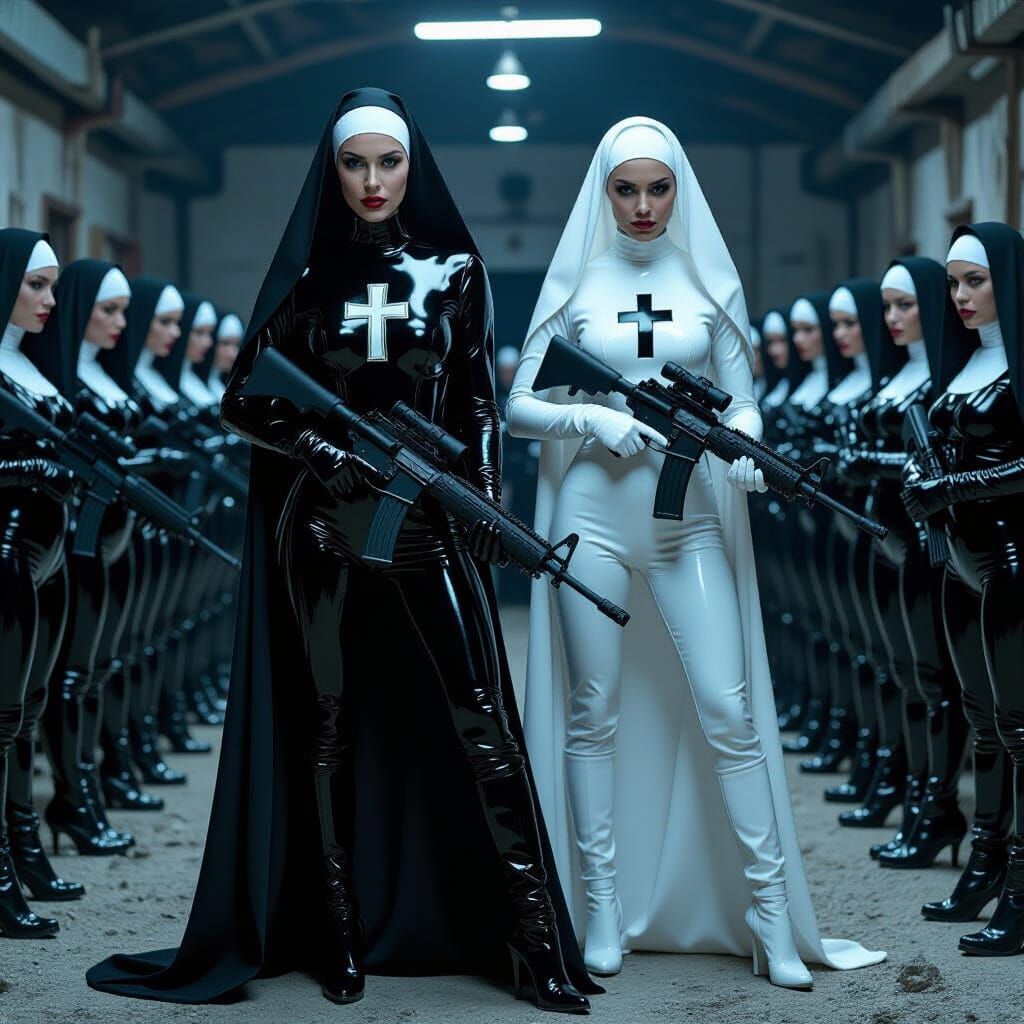 Latex Nuns Army with AK 47 in Comic Book Style
