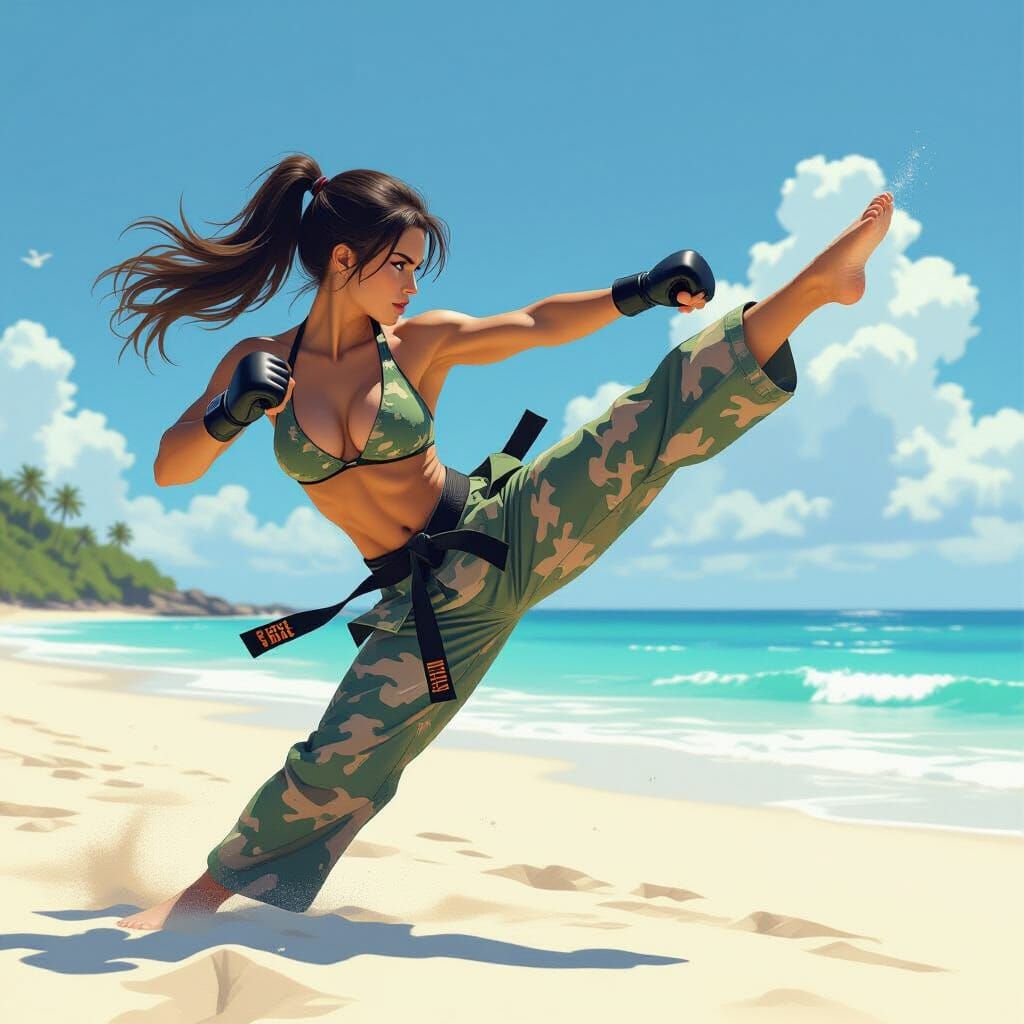 Karateka's Front Kick on a Sun-Kissed Beach