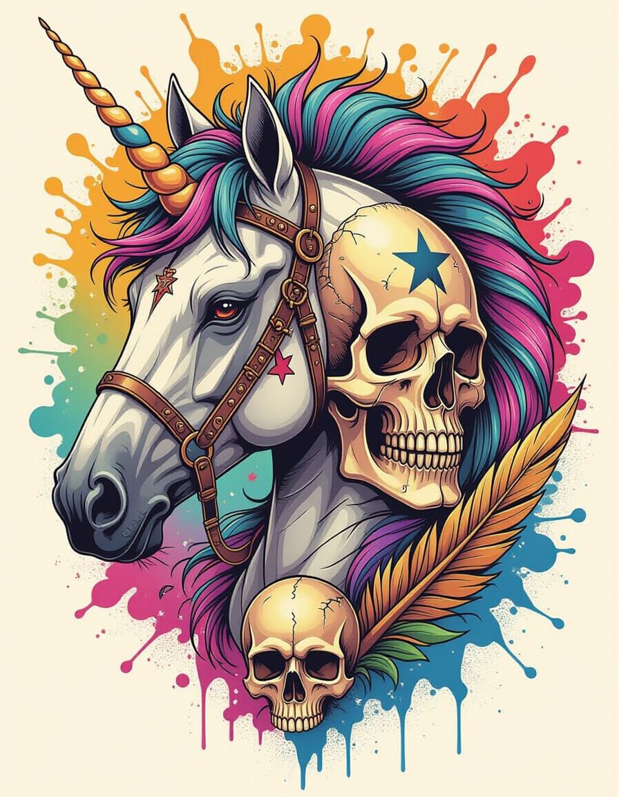 Combat Unicorn Tattoo Design in Hyperrealistic Splash Art