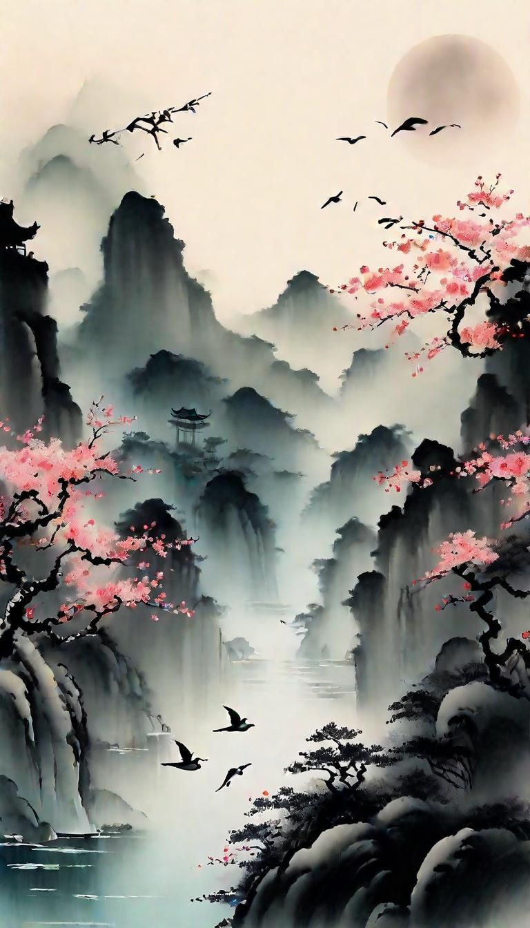 Ethereal Moonlit Landscape in Chinese Ink Painting