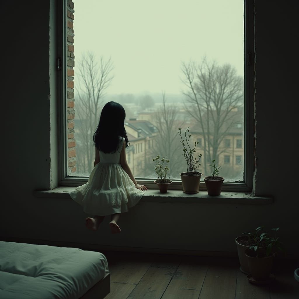 Young Girl Contemplates a Somber Townscape in a Dimly Lit Ro...