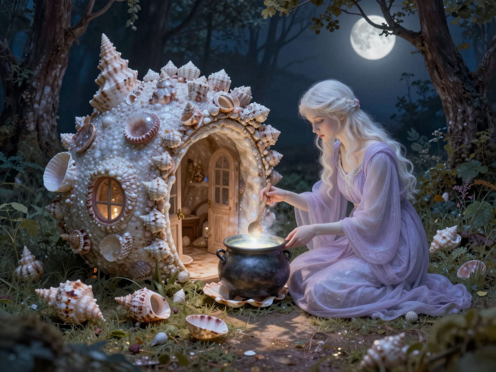Surreal Fairy House of Seashells in Moonlit Glade