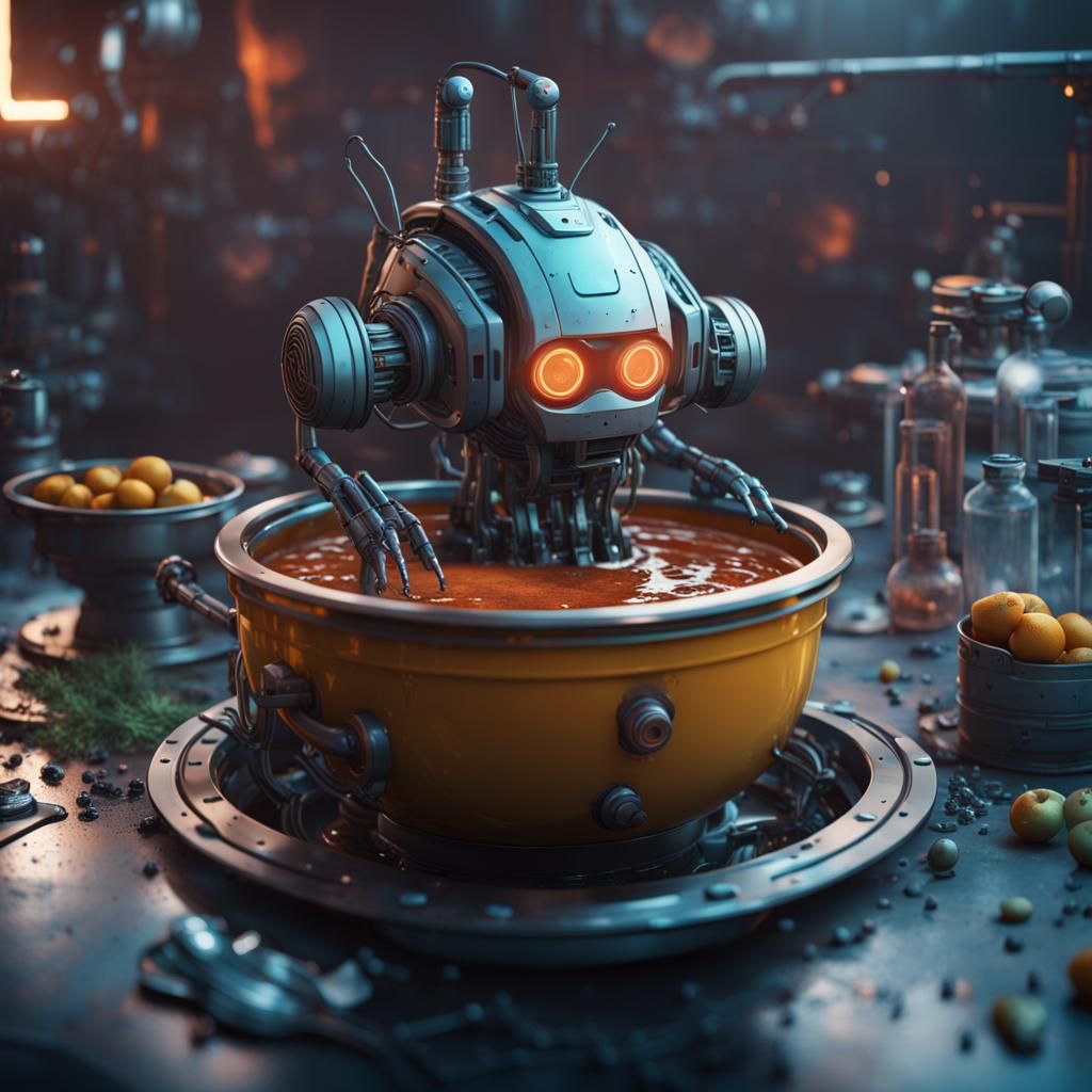Cybernetic Robotic Soup Bowl: Detailed Matte Painting