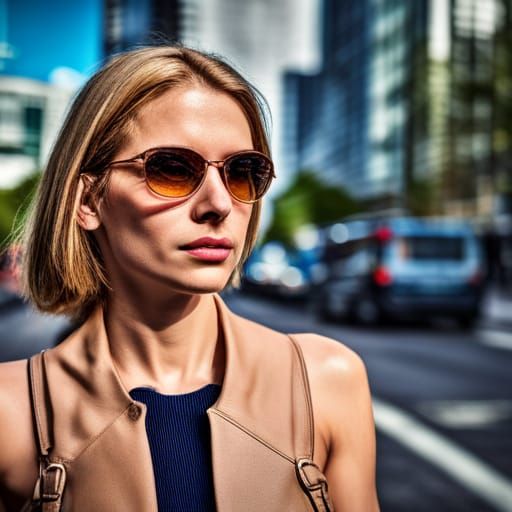 Stylish Blonde Woman Walking in City, Hyperrealistic