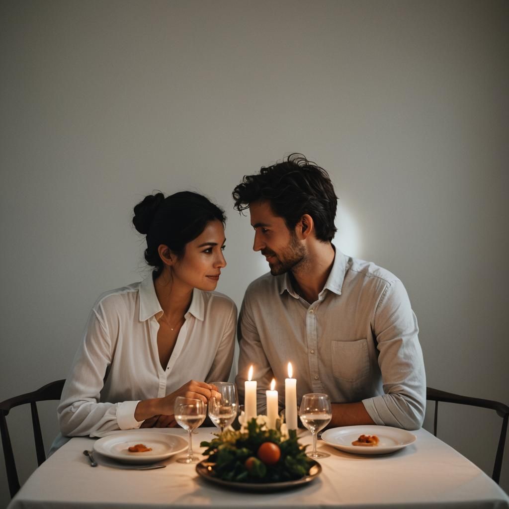 Minimalist Candlelight Dinner: A Couple's Gaze