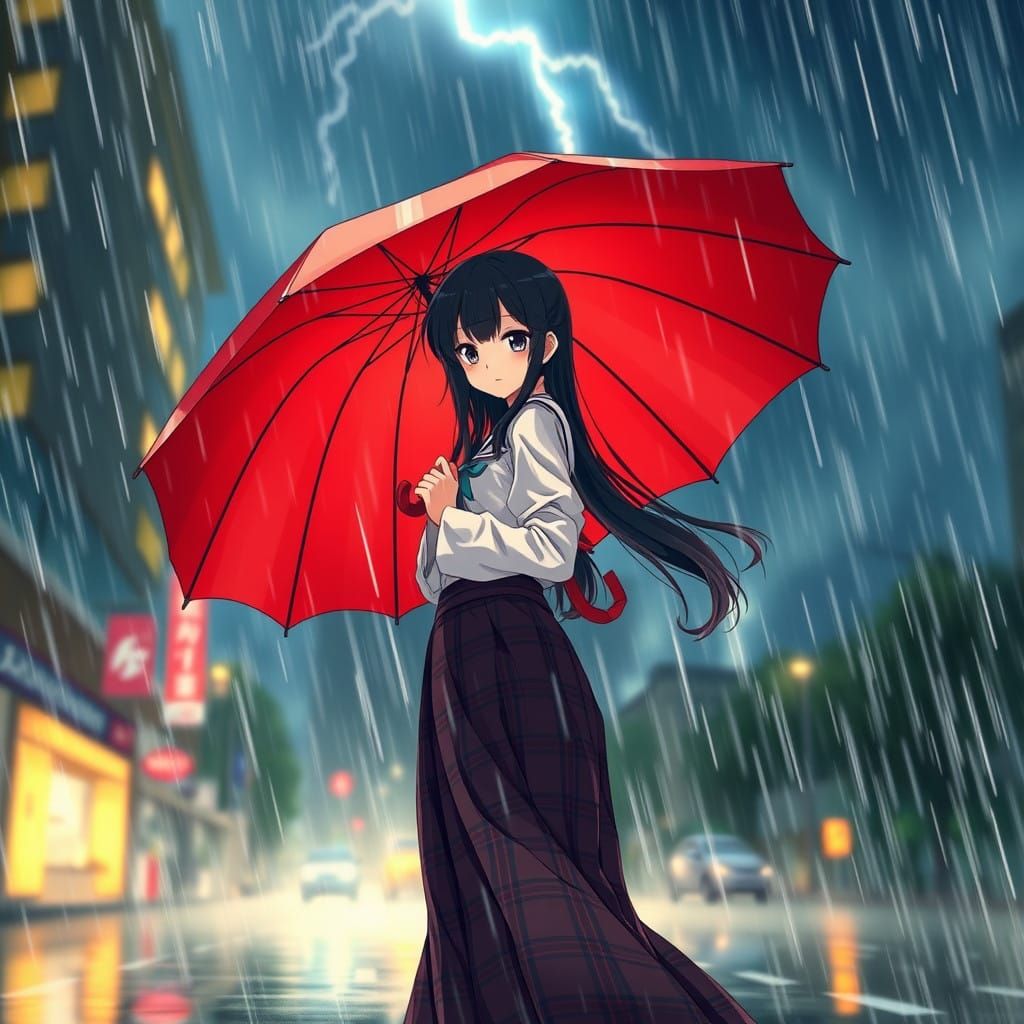 Anime Girl Braves Wind and Rainstorm with Determined Express...