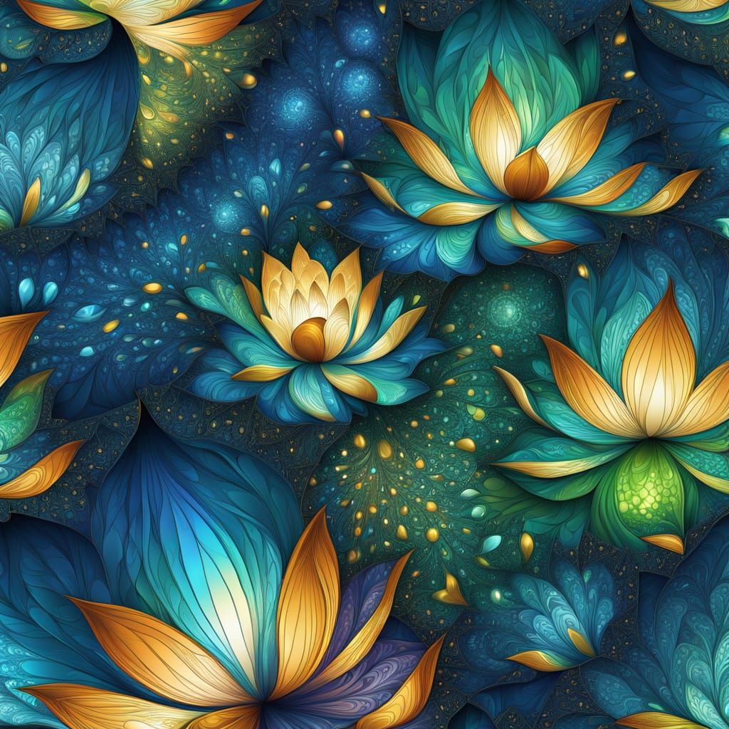Glowing Fractal Lotus with Iridescent Metal Droplets