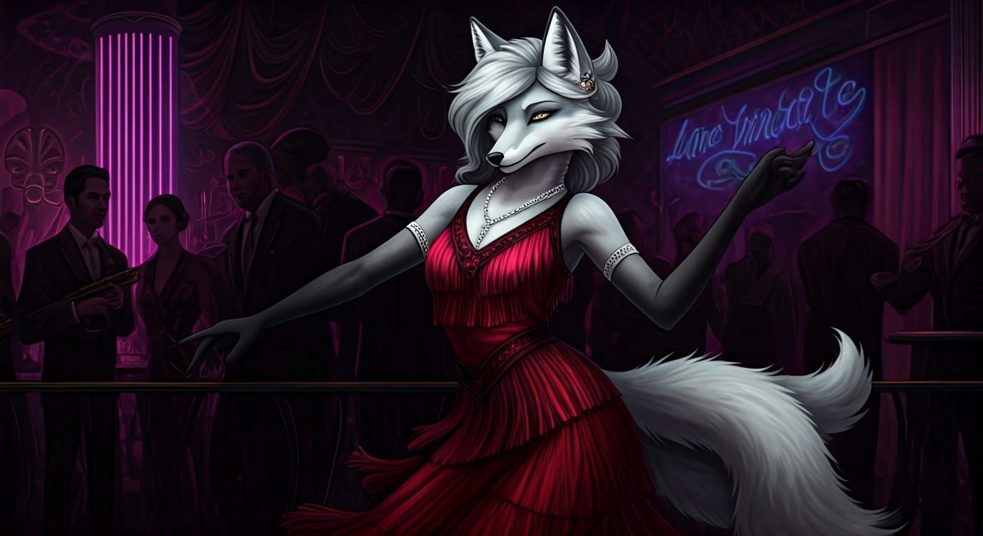 Fox-Woman Dances in Neon Art Nouveau Club