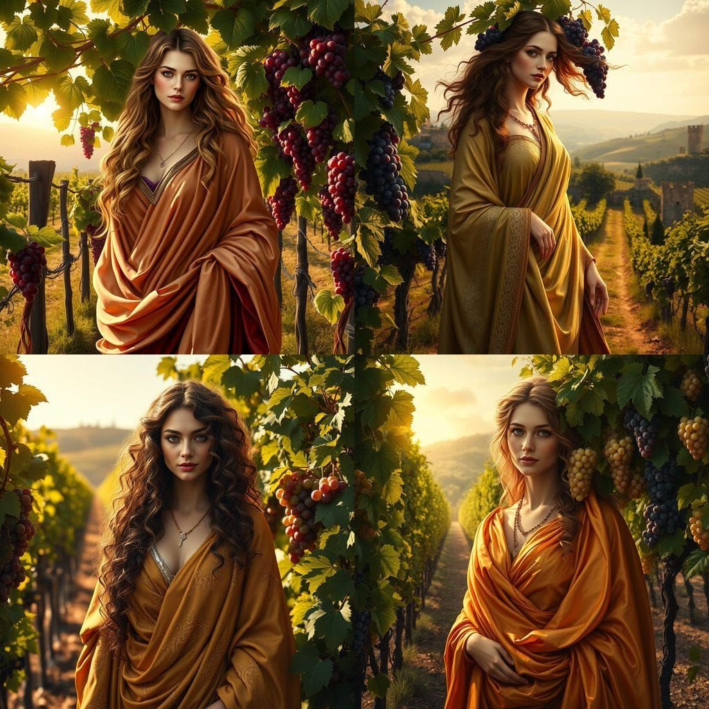 Classical Goddess of Wine in a Sun-Drenched Vineyard