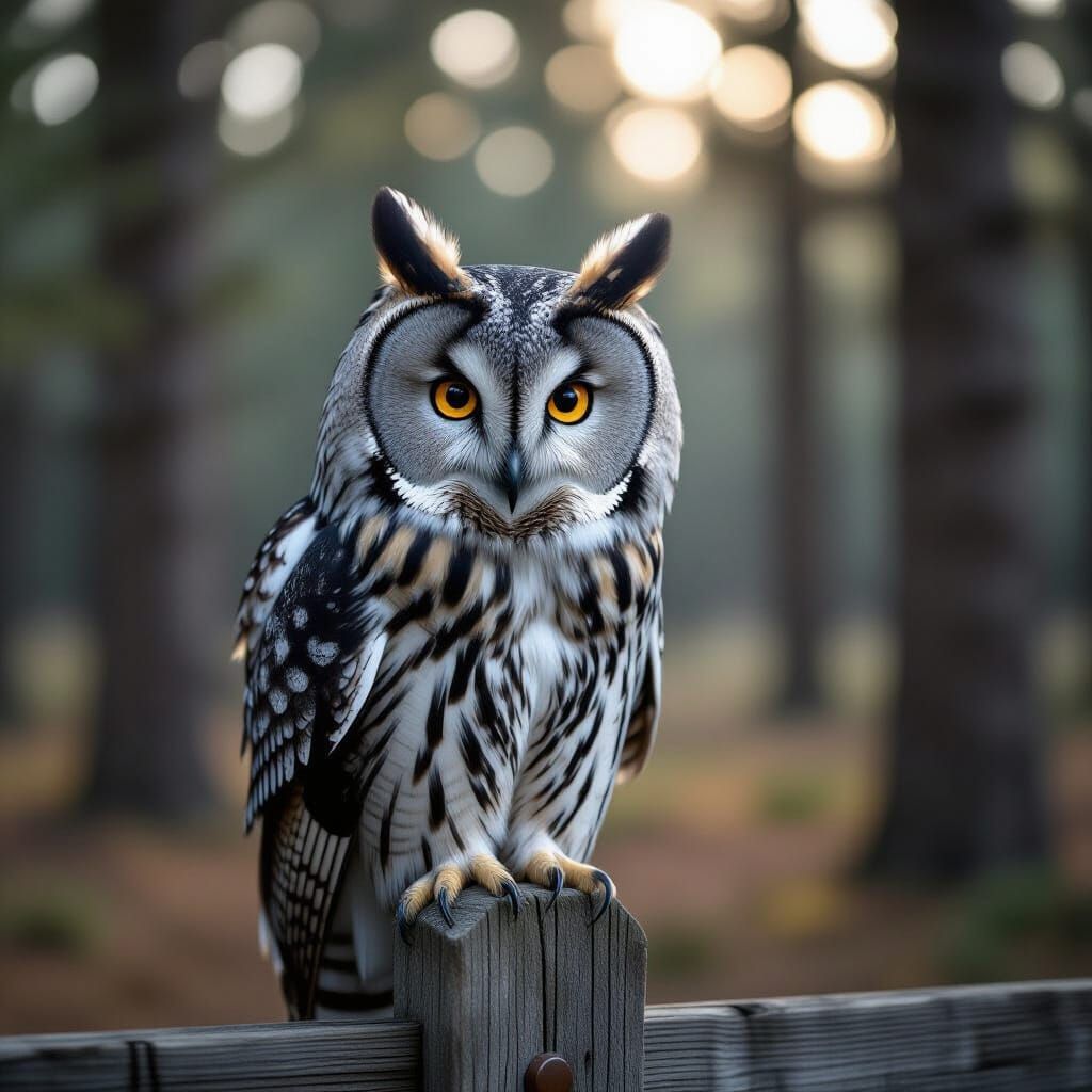 Majestic Grey Owl Stares Intently from Fence