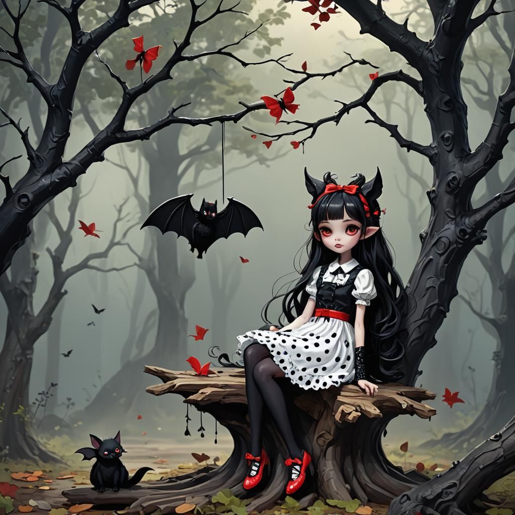 Mysterious Female Figure with Bat in Fantasy Oil Painting