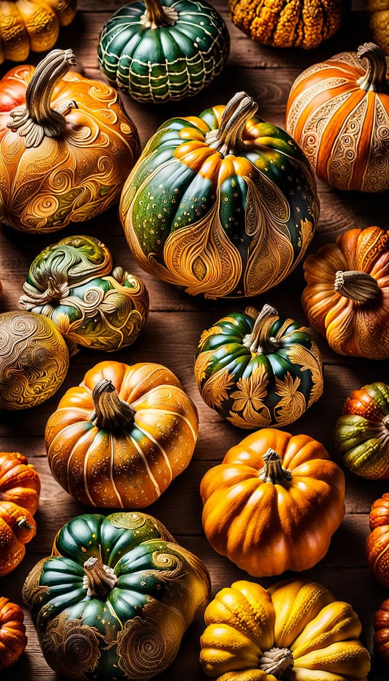Intricately Engraved Squashes Folk Art Still Life