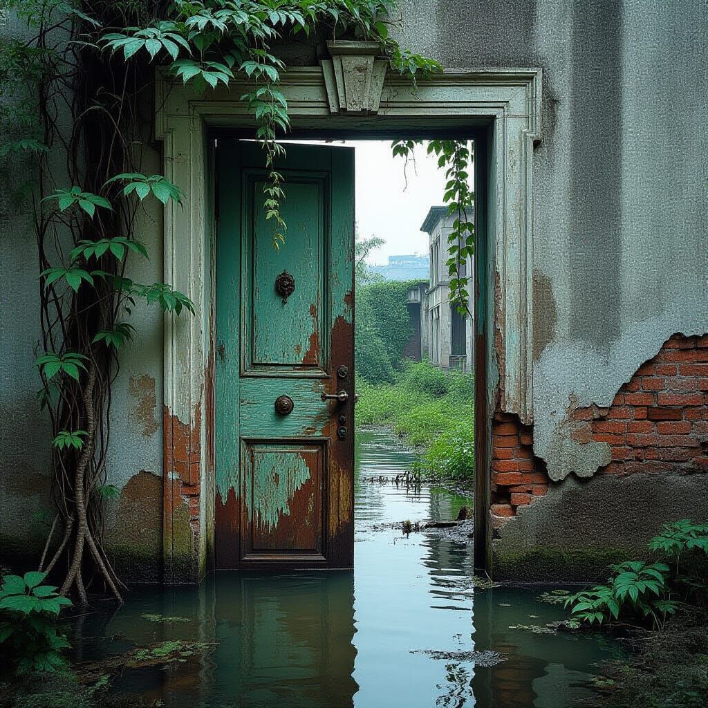 Rustic Doorway in Overgrown, Flooded Ruins