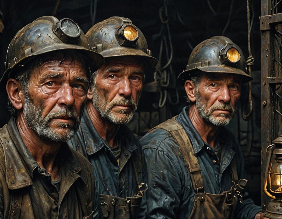 Hyperreal Oil Painting of Intense Coal Miners in a Dimly Lit...