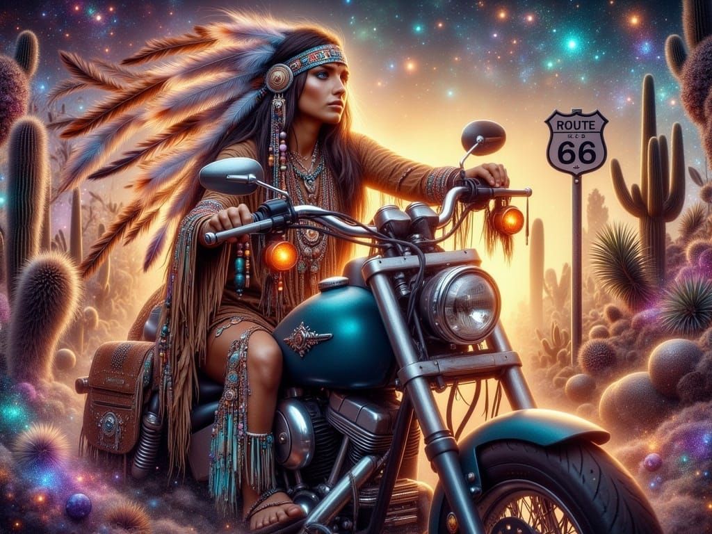 Ethereal Native American Rider in Fringed Jacket on Route 66