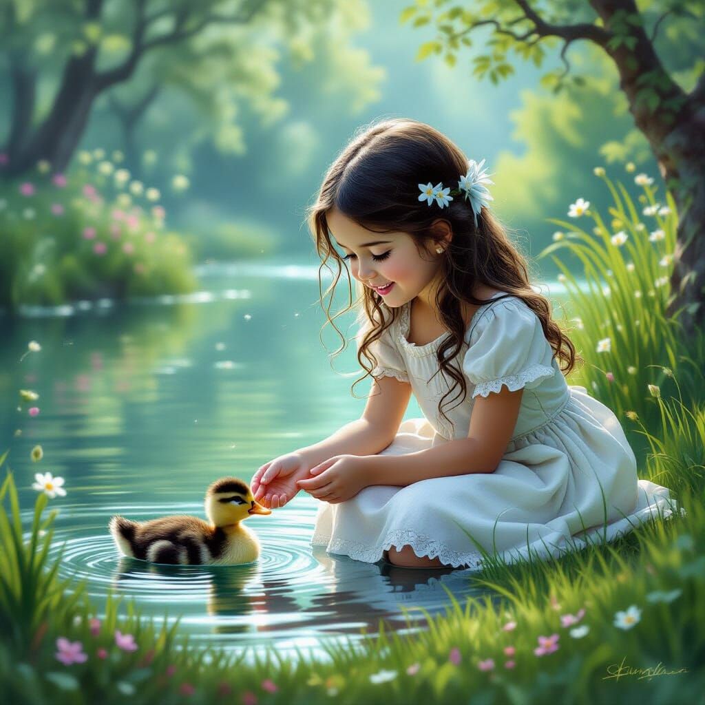 Girl Helps Duckling at Iridescent Pond in Ethereal Style
