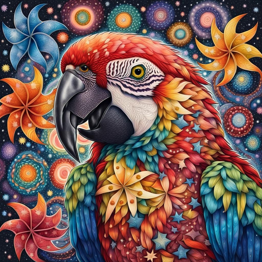 Cosmic Macaw Portrait in Folk Art Style