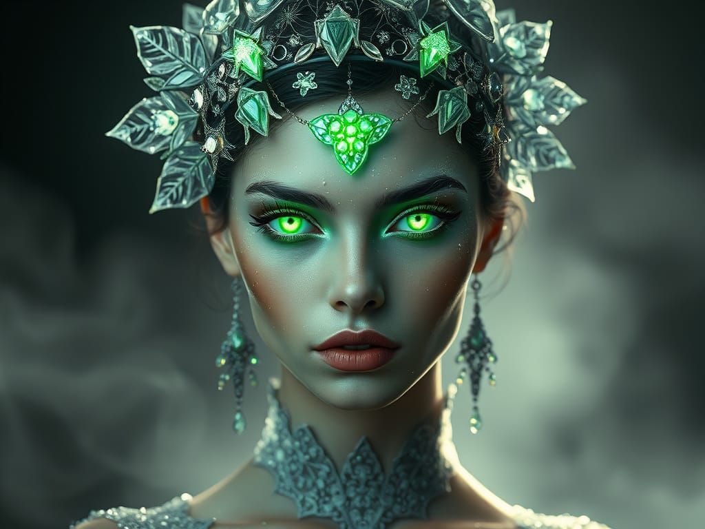 Ethereal Goddess with Vibrant Green Eyes and Starlight Hairp...