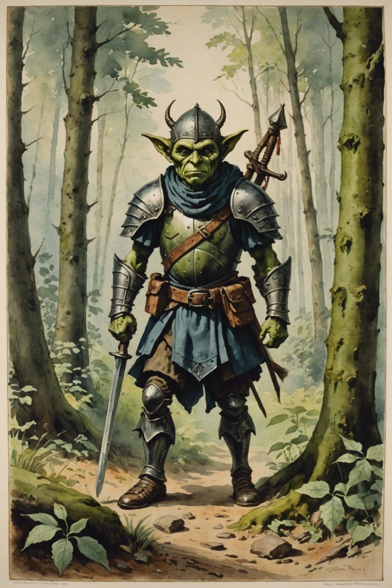 Goblin Warrior in Forest: Antique Watercolor Art
