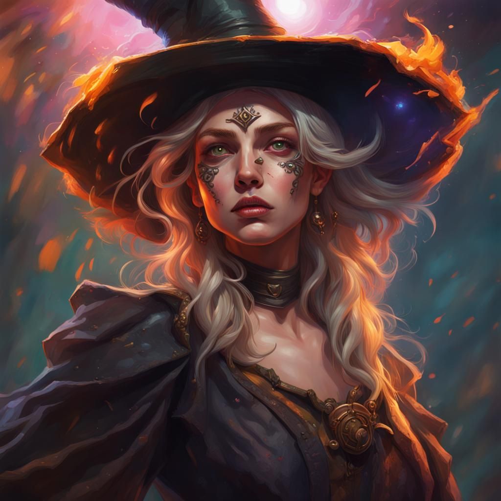 Detailed Witch Portrait with Colorful Splash Art