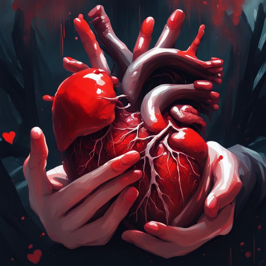 Bleeding Heart in Hands: Dark Fantasy Illustration