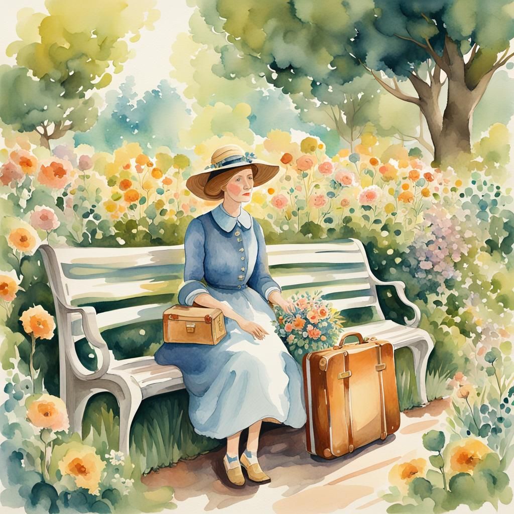 Woman in Floral Hat in Lush Garden: Gouache Watercolor