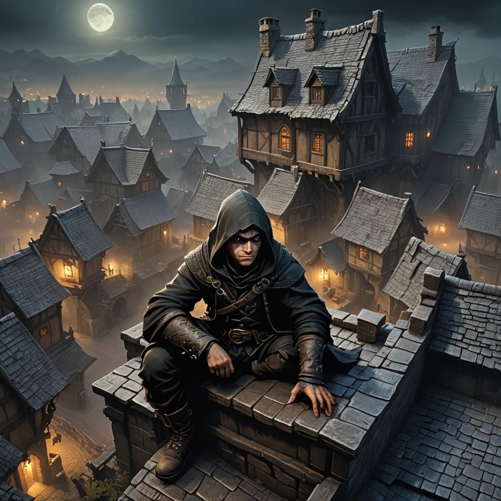 Halfling Rogue Burglar in Gothic Village, Dark Fantasy Art