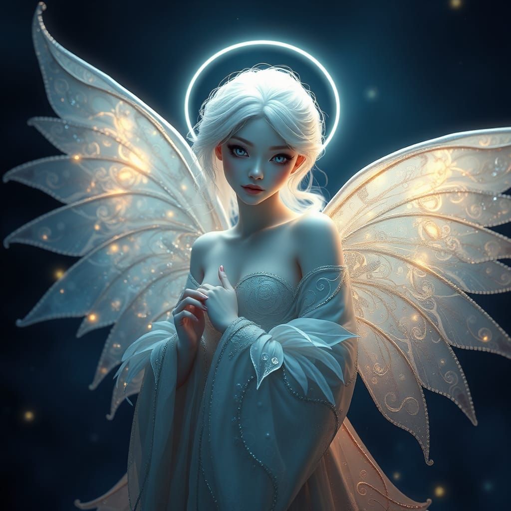 Ethereal Albino Fairy in Moonlit Night Sky