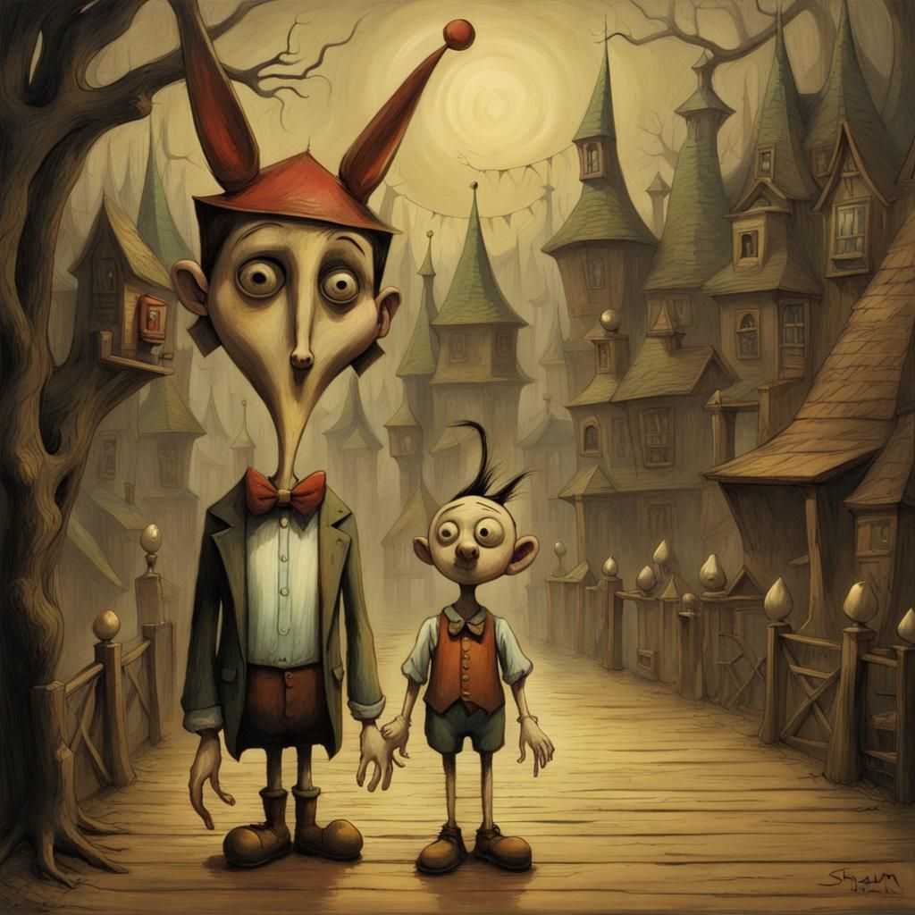 Pinocchio in Spooky Theme Park, Surrealist Art