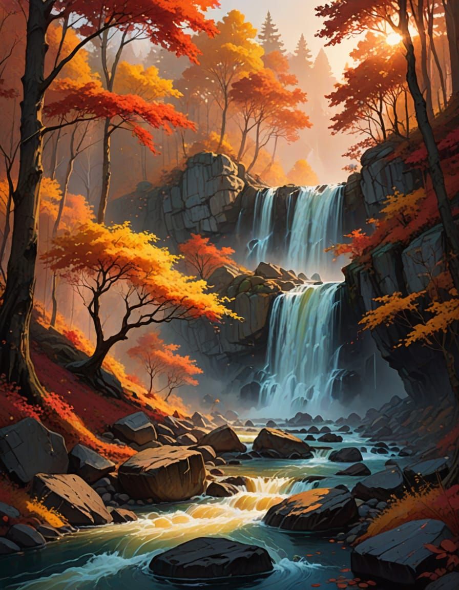 Ethereal Autumn Waterfalls in Magical Light