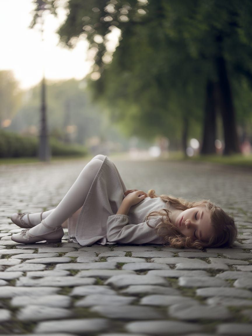 Young Girl Lies Unconscious on a Cobblestone Path in a Peace...