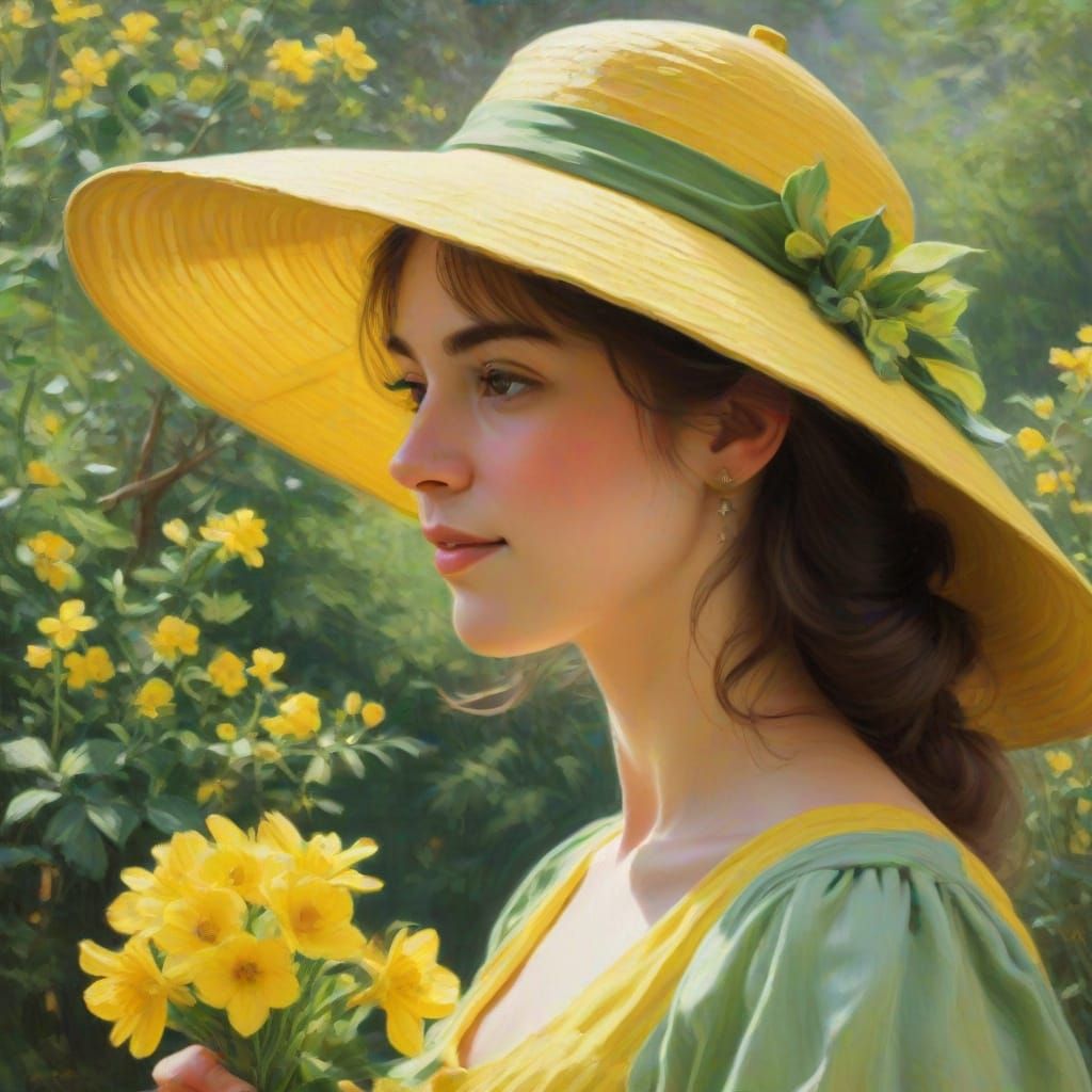 Woman in Yellow Hat, Green Dress, and Yellow Flowers in Impr...