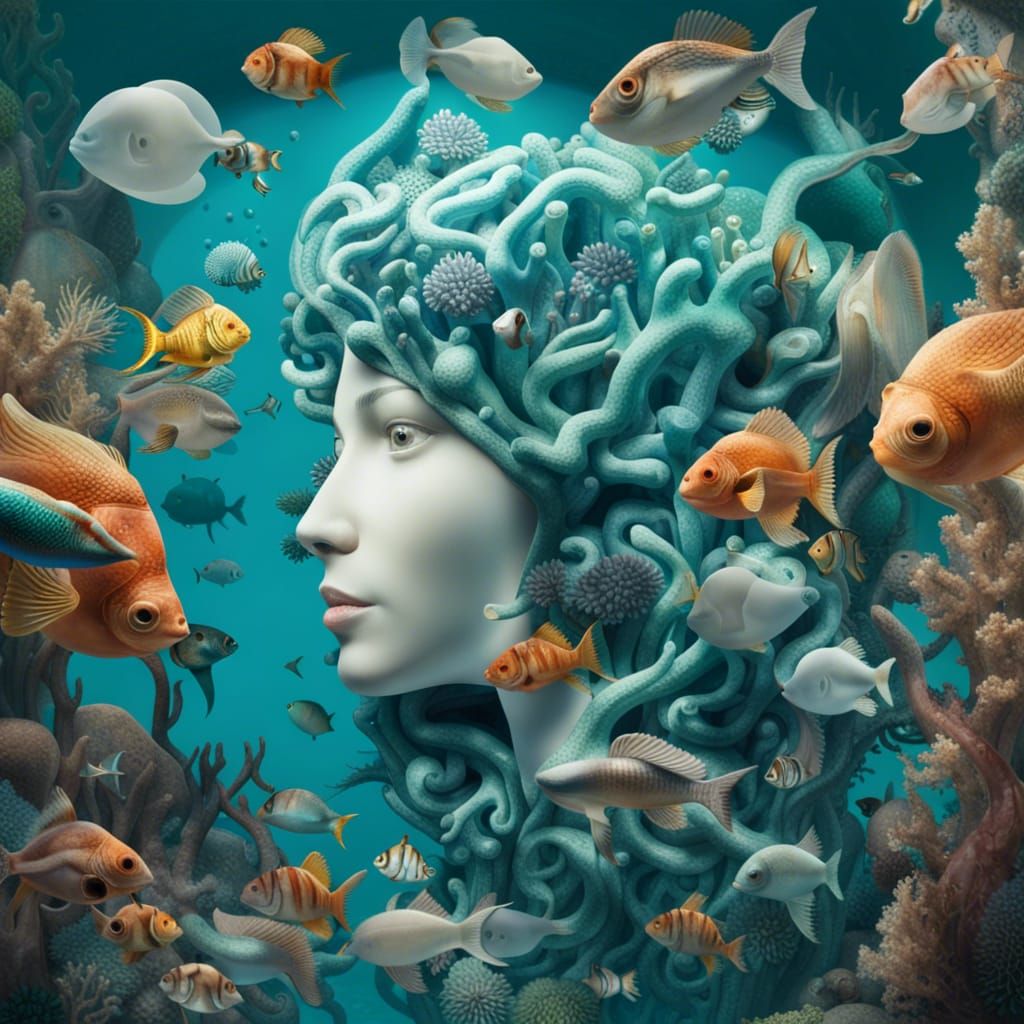 Surreal Balloon Faces in Aquarium, Digital Art