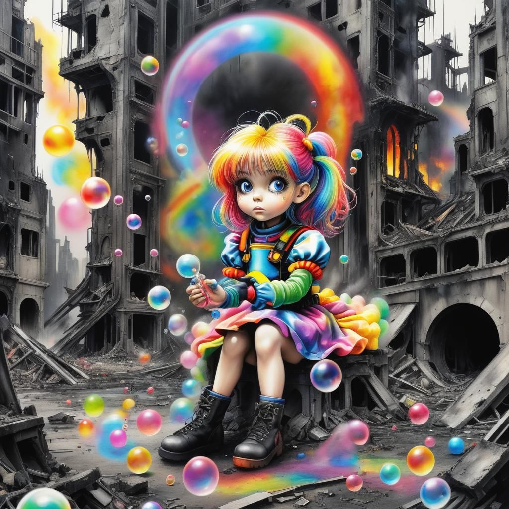 Gothic Rainbow Brite in Ruined Cityscape, Charcoal Drawing