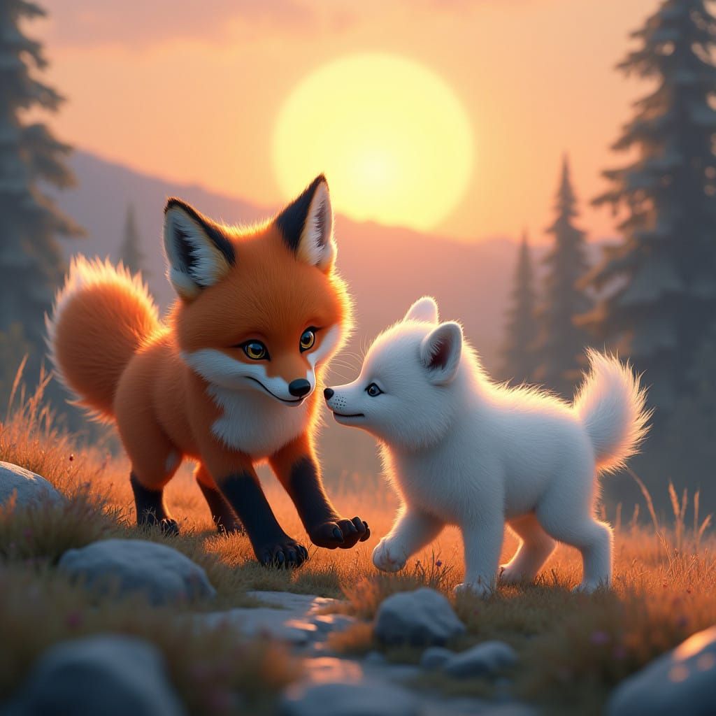 Majestic Fox Kit Pounces on Snow-White Wolf Pup in Dreamlike...